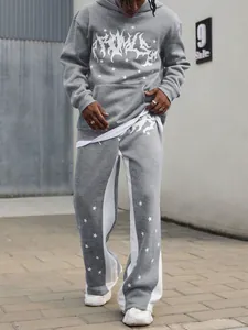 Gray men's streetwear tracksuit set with white star and flame graphics detail