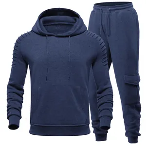 Marineblaues Herren-Trainingsanzug-Set mit Kapuzenpullover mit Falten und Cargo-Jogginghose