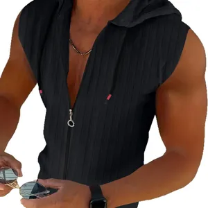 Men's summer casual black jacquard hooded sleeveless zip-up cardigan t-shirt vest