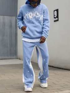 Light blue men's sports hoodie set featuring white star prints and a street graphic logo