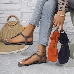 Sandales plates à entre-doigt en daim rétro avec bout carré pour femmes, plusieurs couleurs