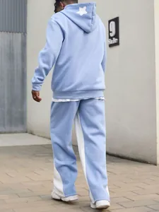 Back view of professional men's baby blue star graphic hooded tracksuit set for outdoor sports