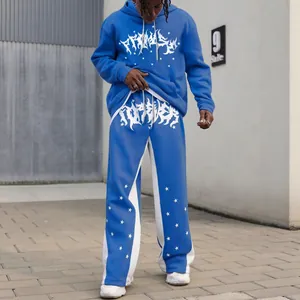 Stylish blue men's hoodie and sweatpants set with star prints and gothic lettering