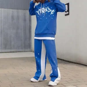 Premium men's blue streetwear hoodie and joggers set with white star and graphic prints
