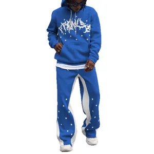 Men's blue hoodie and sweatpants set with white star print and stylized chest graphic