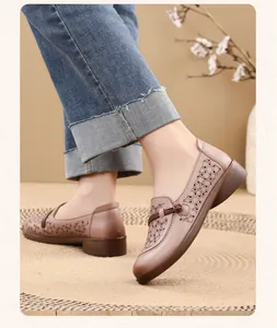 Comfortable brown breathable hollow-out loafers for elderly women
