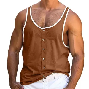 Débardeur de plage décontracté marron pour homme avec bordure blanche et boutons