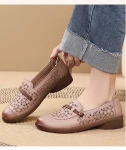 Breathable hollow-out leather loafers with soft soles for elderly women's comfort