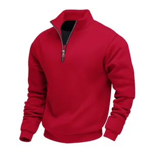 Detailed view of a men's quarter-zip fleece sweatshirt in vibrant red with stand collar