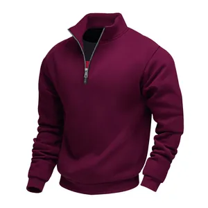 Men's premium quarter-zip sweatshirt with stand collar in solid burgundy warm fleece