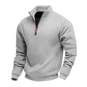 Professional view of men's light grey casual 1/4 zip stand collar fleece-lined sweatshirt