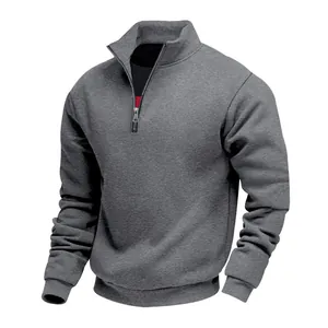 Men's casual grey quarter-zip sweatshirt with a fleece-lined mock neck collar detail.