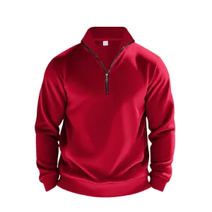 Detailed front view of men's red half-zip sweatshirt with stand collar and zipper