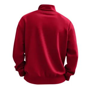 Detail view of the back of a solid red stand-collar men's sweatshirt.