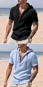Men's short sleeve linen hooded Henley shirts in black and light blue beach style