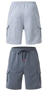 Detail view showing light grey and dark grey men's heavyweight loose cargo shorts