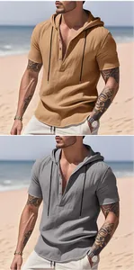 Comparison of men's linen hooded Henley shirts in khaki and grey colors on the beach