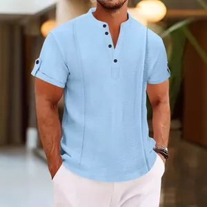Herren Casual Kurzarm Henley Shirt Plissee-Textur Polyester V-Ausschnitt Knopfleiste Top Sommer Einfarbig Strandhemd