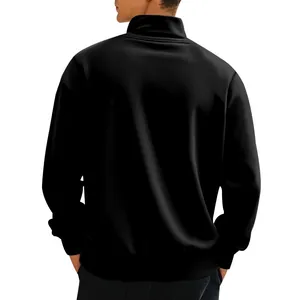 Back view of high quality men's minimalist plain black zip-up stand collar fleece sweatshirt