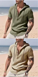 Breathable linen hooded Henley shirt for men's casual beach wear in olive and beige tones