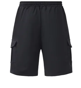 Back view of black men's casual cargo shorts featuring elastic waist and side flap pockets.