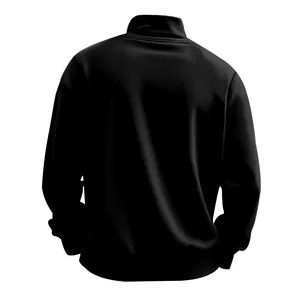 Back view of black fleece-lined men's sweatshirt with stand collar and ribbed hem