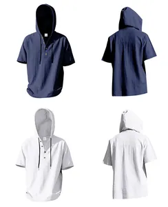 Men's summer loose linen hooded Henley shirt in navy blue and white, front and back views