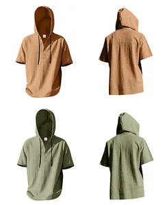 Front and back views of men's breathable linen hooded Henley shirts in two colors