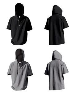 Front and back views of loose linen hooded Henley shirts in black and grey colors