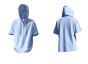 Front and back detail view of men's blue linen hooded Henley shirt