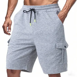 Men's heavyweight grey cargo shorts featuring multi-pockets and drawstring waist.