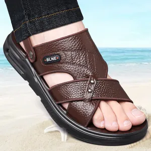 Hombres Primera Capa Cuero de Vaca Sandalias Transpirable Doble Uso Zapatos de Playa Antideslizante Cojín de Aire Suela Blanda Aire Libre Casual Cuero Pantuflas