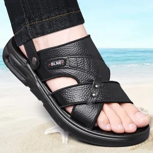 Sandalias de playa de cuero negro para hombre, transpirables con suela blanda