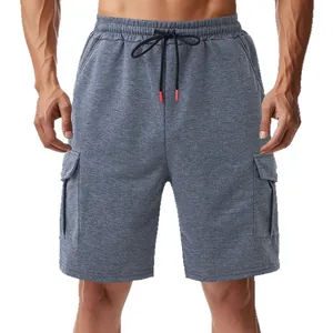 Men's heavy relaxed fit grey cargo shorts with drawstring and multiple pockets