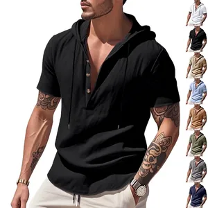 Men Summer Casual Hooded Henley Shirt Short Sleeve Breathable Solid Color Polyester Beach Top