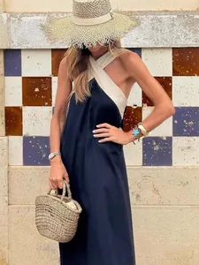 Casual summer sleeveless halter neck maxi dress with contrast color block design