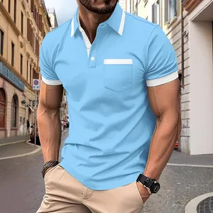 Men Casual Short Sleeve Polo Shirt With Contrast Trim And Pocket Patchwork Polyester Summer Sport Top