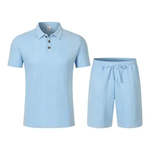 Light blue men's summer set featuring a jacquard polo shirt and matching shorts.