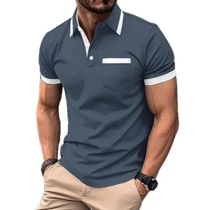 Men's casual short sleeve polo shirt with white contrast collar and pocket detail.