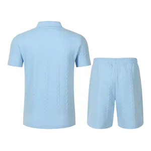 Detailed back view of a light blue men's jacquard texture polo shirt and matching shorts set