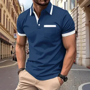 Modern men's dark blue casual polo shirt with white trim and pocket detail for summer