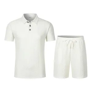 White textured knit men's polo shirt and shorts summer leisure set for daily wear