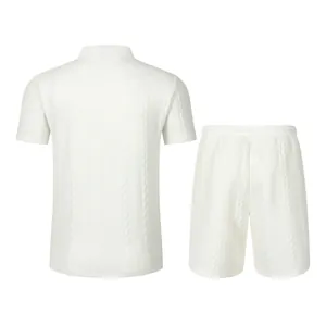 Rear view of white men's jacquard short-sleeve polo shirt and matching leisure shorts