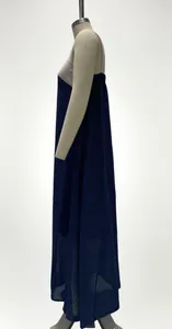 Side view of navy and grey sleeveless patchwork loose summer maxi dress on mannequin