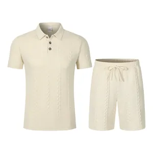 Detail view of off-white jacquard men's polo shirt and drawstring shorts set