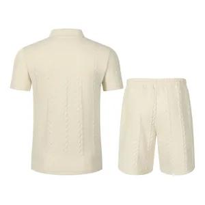Detailed back view of men's cream jacquard knit short sleeve polo and matching shorts