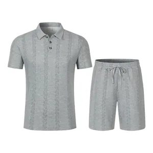 Men's casual gray two-piece summer set with jacquard knit polo shirt and shorts
