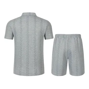 Back view of grey men's casual set featuring cable knit jacquard pattern detail.