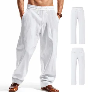 Detail views of white men's linen trousers showing drawstring waist and wide leg fit