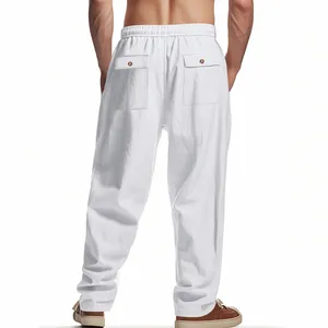Rear view of white linen-textured cargo trousers with back flap pockets